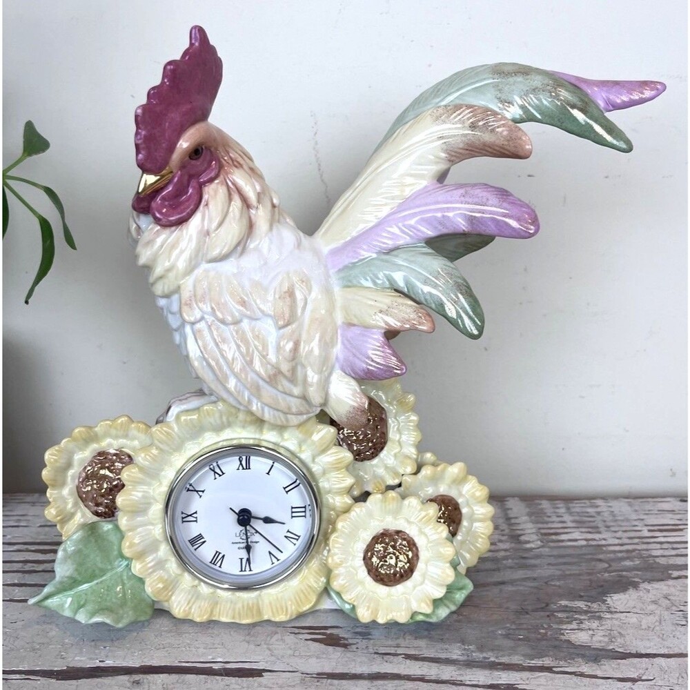 Lenox Rooster Clock Figurine Country Gentleman Colorful Sunflowers Quartz MINT